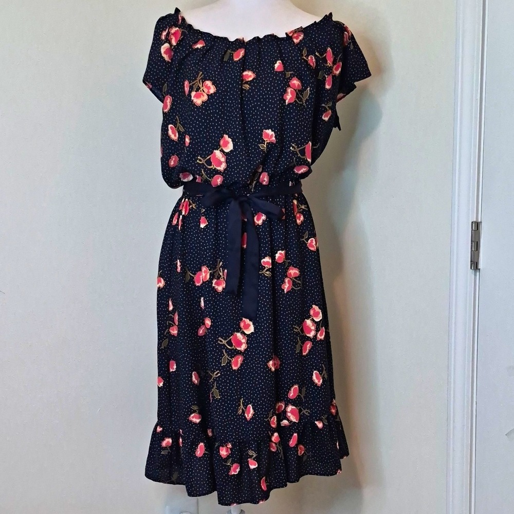 LC Lauren Conrad Navy Pink Floral Off Shoulder Cap Sleeve Belted Dress M